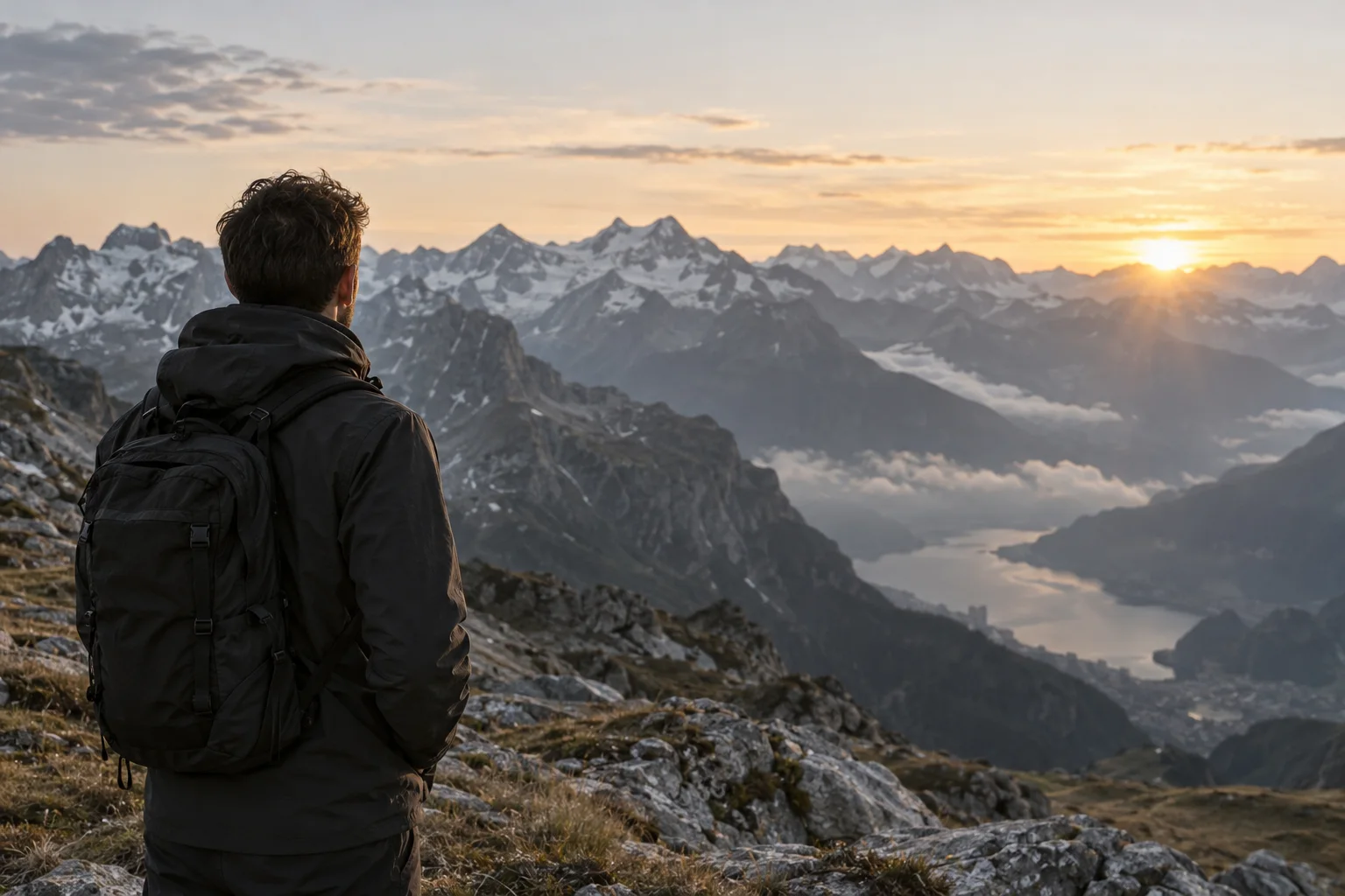 Eine Person mit dunkler Outdoorjacke blickt im Morgenlicht über ein alpines Bergpanorama.