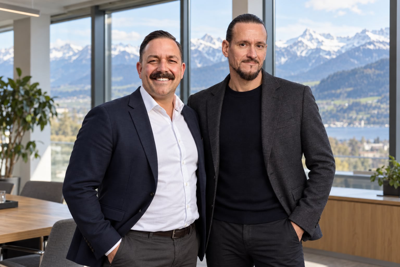 Pascal Lowther und André Sommerfeld vor einem Schweizer Bergpanorama